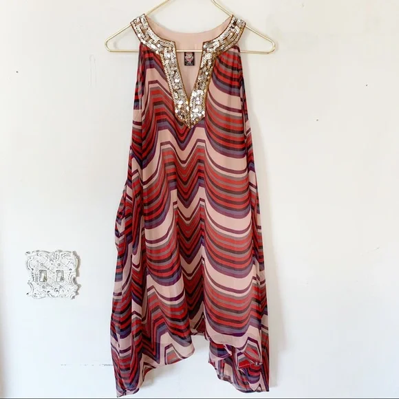 Free People | Dresses | Free People Sequin Chevron Striped Mini Dress M  Retro Chiffon Swing Dress
